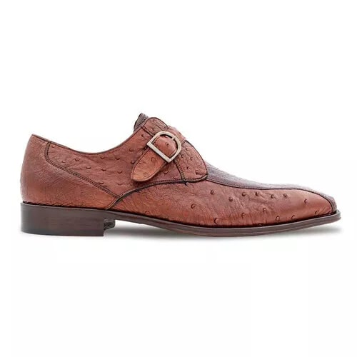 Men's Genuine Full Quill Ostrich Leg Monk Strap Brown Shoes By Mezlan Made in Spain Brand-New Designer Collection - 8