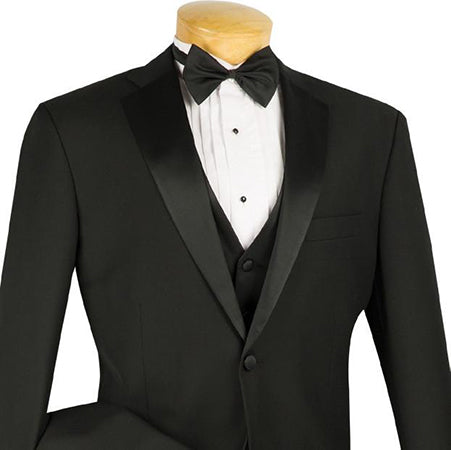 Santorini Collection - Regular Fit Black Tuxedo 4 Piece with Vest Bow Tie Adjustable Waistband - Black