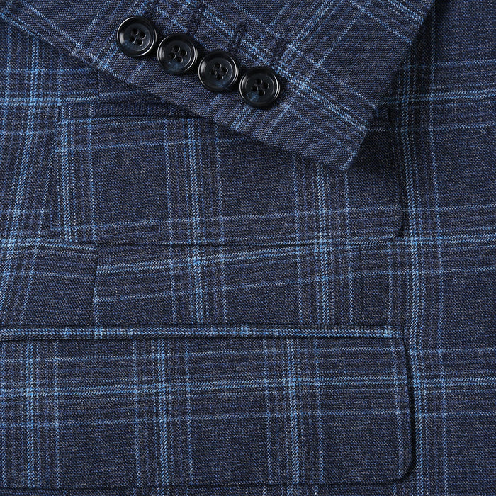 "Men's Slim Fit Two Button Summer Suit - Navy Windowpane Plaid" blue