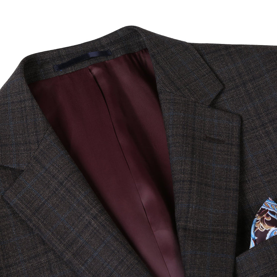 "Classic Fit Men's Wool Blazer - Dark Brown Windowpane Plaid, Two-Button Sport Coat"