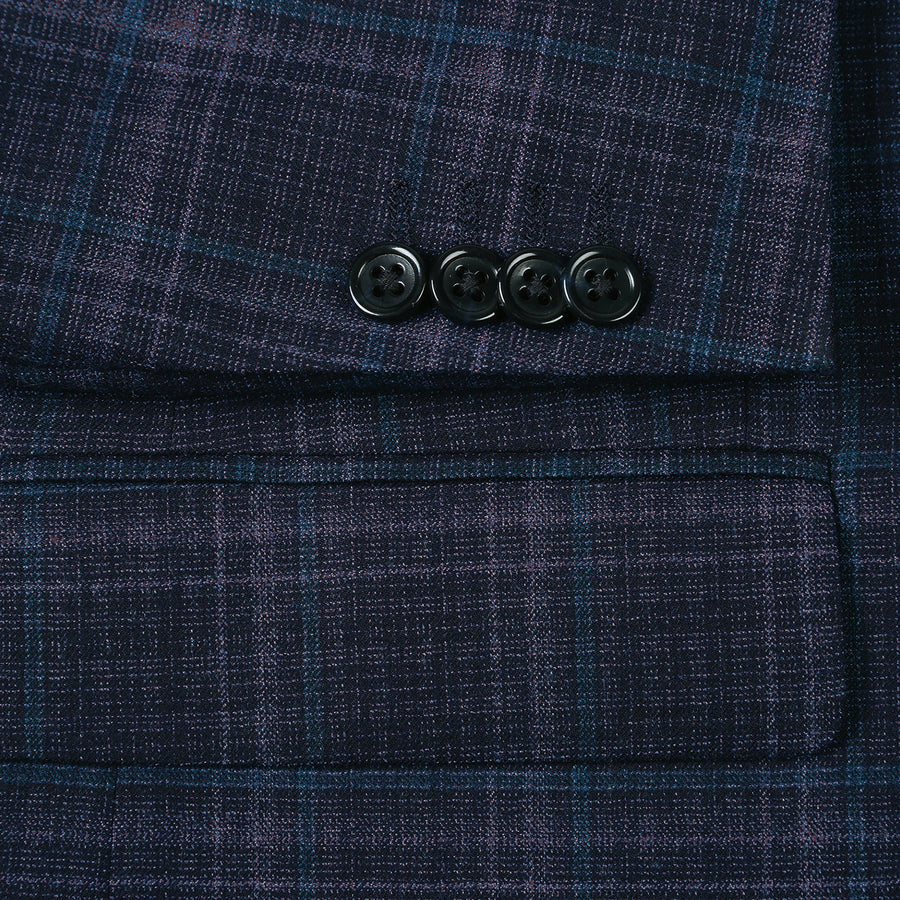 "Classic Fit Wool Stretch Sport Coat - Men's Two Button Blazer in Dark Navy Blue Windowpane Plaid"