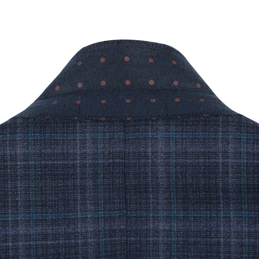 "Classic Fit Wool Stretch Sport Coat - Men's Two Button Blazer in Dark Navy Blue Windowpane Plaid"