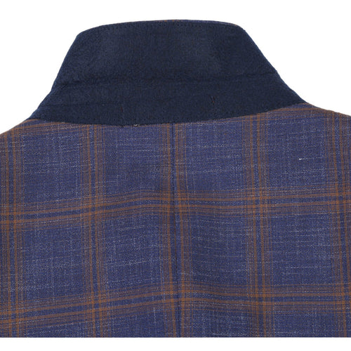 "Men's Slim Fit Navy Blue & Gold Windowpane Plaid Sport Coat Blazer"