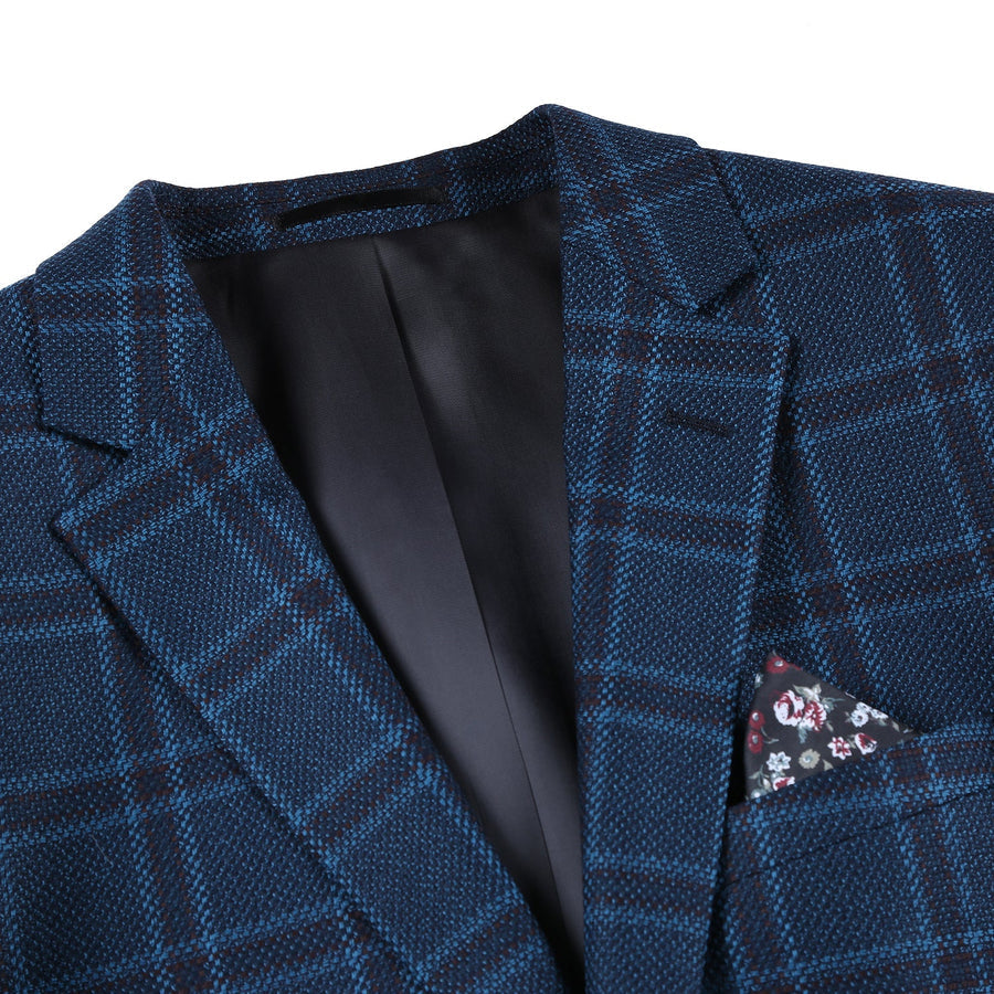 "Men's Slim Fit Wool Blazer - Dark Navy Blue Windowpane Plaid, Two Button Sport Coat"