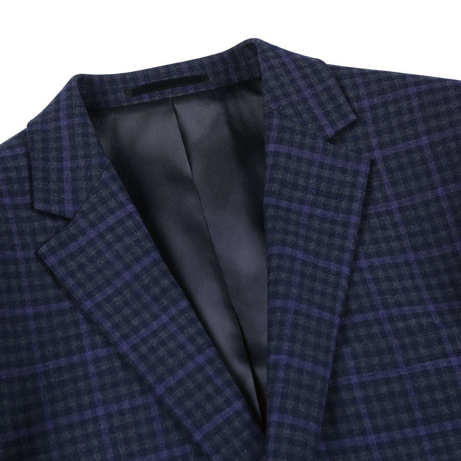 Slim Fit Two-Button Wool Suit for Men - Navy Blue & Purple Check Plaid