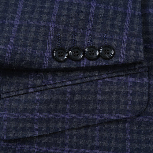 Slim Fit Two-Button Wool Suit for Men - Navy Blue & Purple Check Plaid