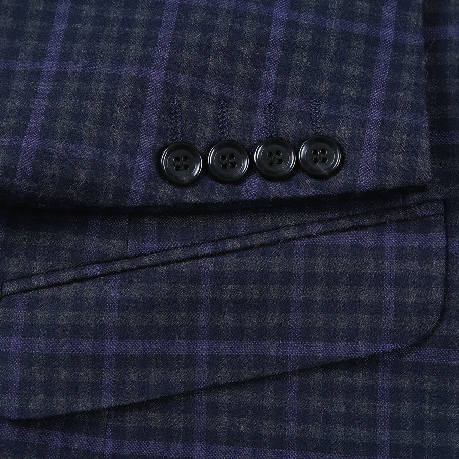Slim Fit Two-Button Wool Suit for Men - Navy Blue & Purple Check Plaid - 34 Short