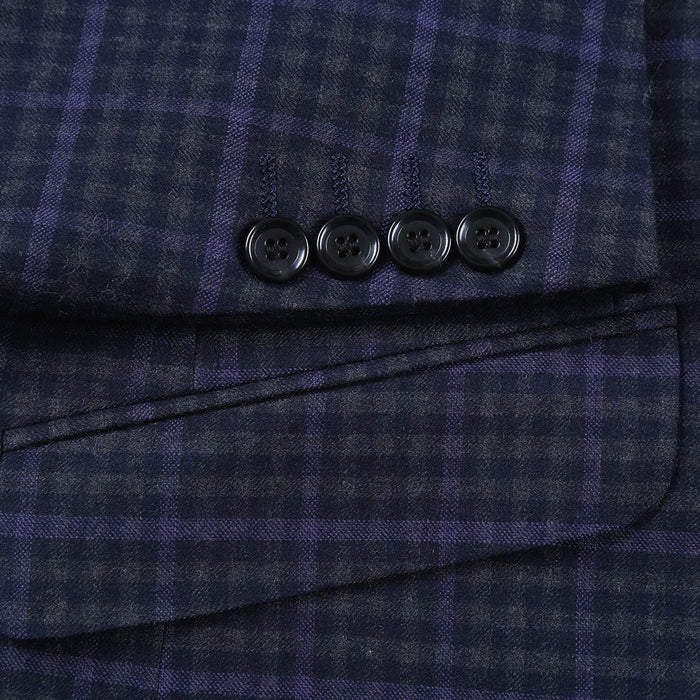 Slim Fit Two-Button Wool Suit for Men - Navy Blue & Purple Check Plaid