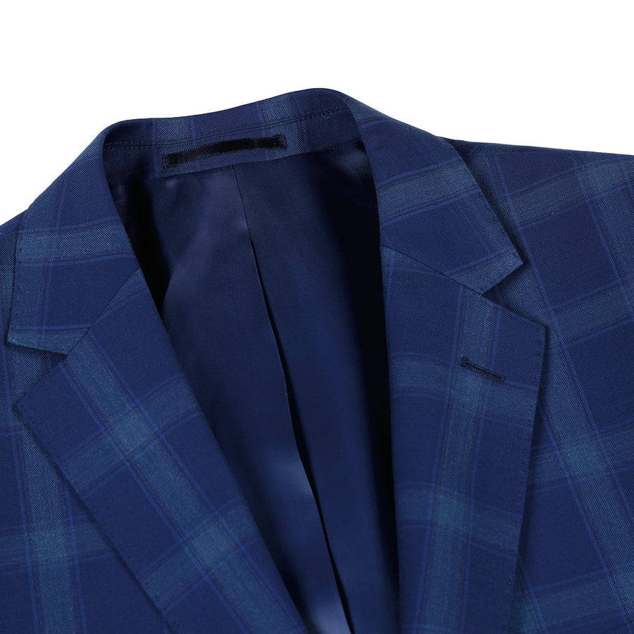 "Classic Fit Two Button Wool Suit for Men - Dark Royal Blue Windowpane Plaid" - 38 Long