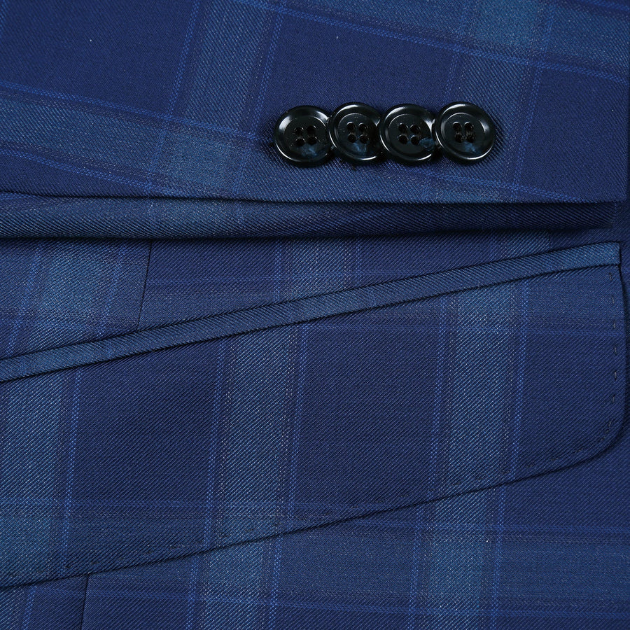 "Classic Fit Two Button Wool Suit for Men - Dark Royal Blue Windowpane Plaid"