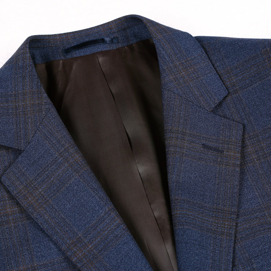 "Classic Fit Men's Wool Suit - Two Button Vested in Brown & Blue Windowpane Plaid" - 48 Short