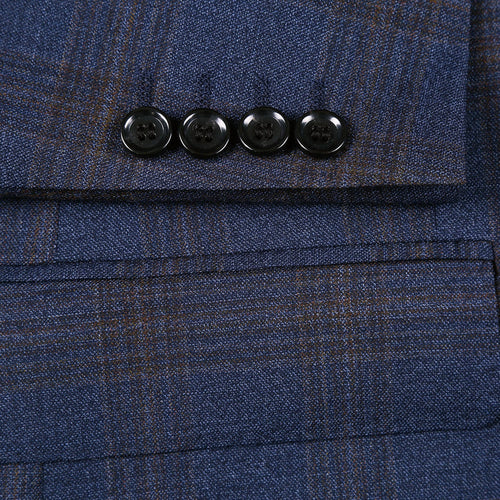 "Classic Fit Men's Wool Suit - Two Button Vested in Brown & Blue Windowpane Plaid"