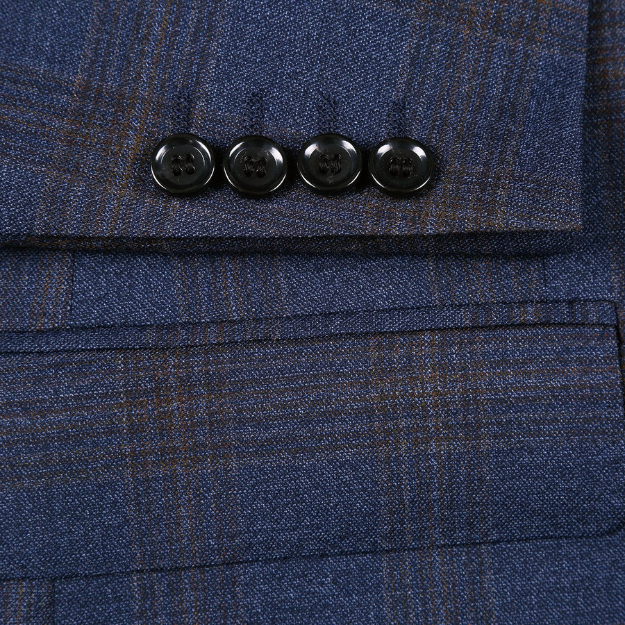 "Classic Fit Men's Wool Suit - Two Button Vested in Brown & Blue Windowpane Plaid" - 48 Short
