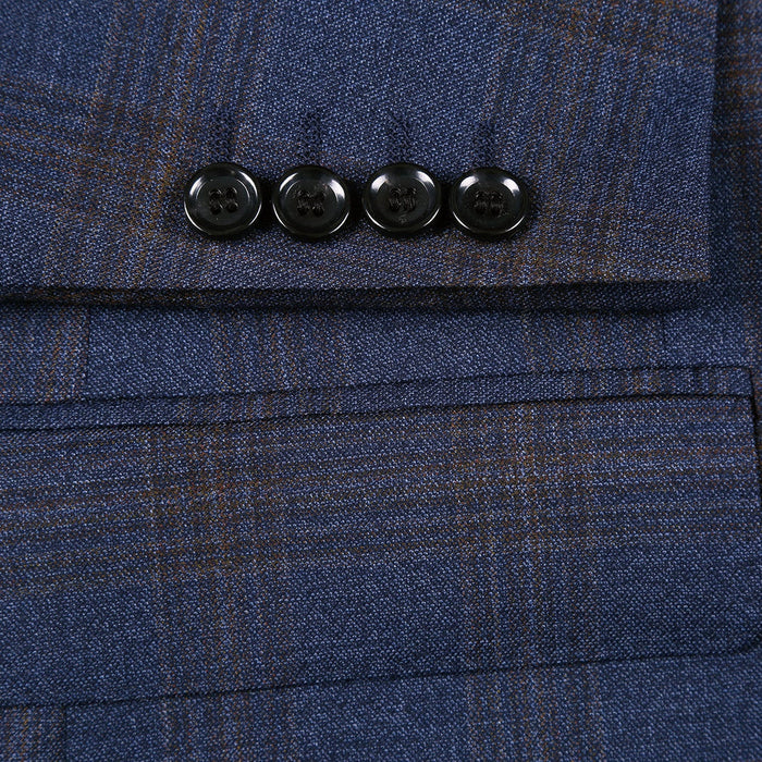"Classic Fit Men's Wool Suit - Two Button Vested in Brown & Blue Windowpane Plaid"