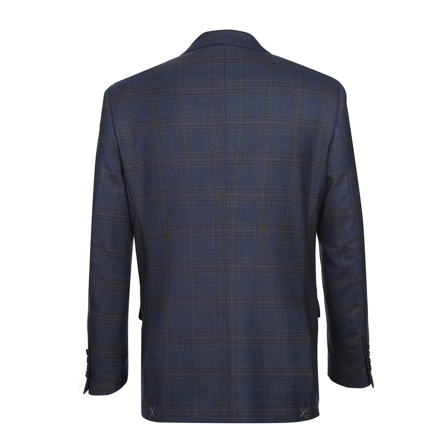 "Classic Fit Men's Wool Suit - Two Button Vested in Brown & Blue Windowpane Plaid" - 48 Short