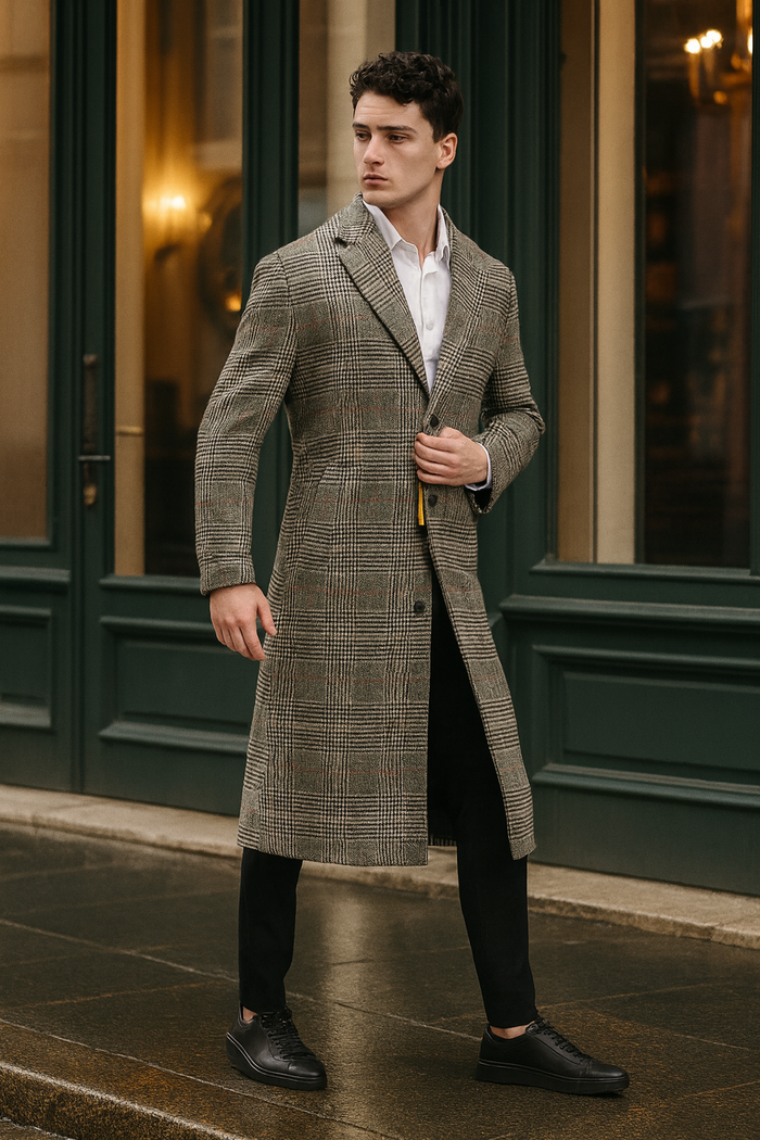 Mens Full length  Long Plaid Overcoat â€“ Classic Checkered Wool Blend Winter Coat in Gray Color Checkered