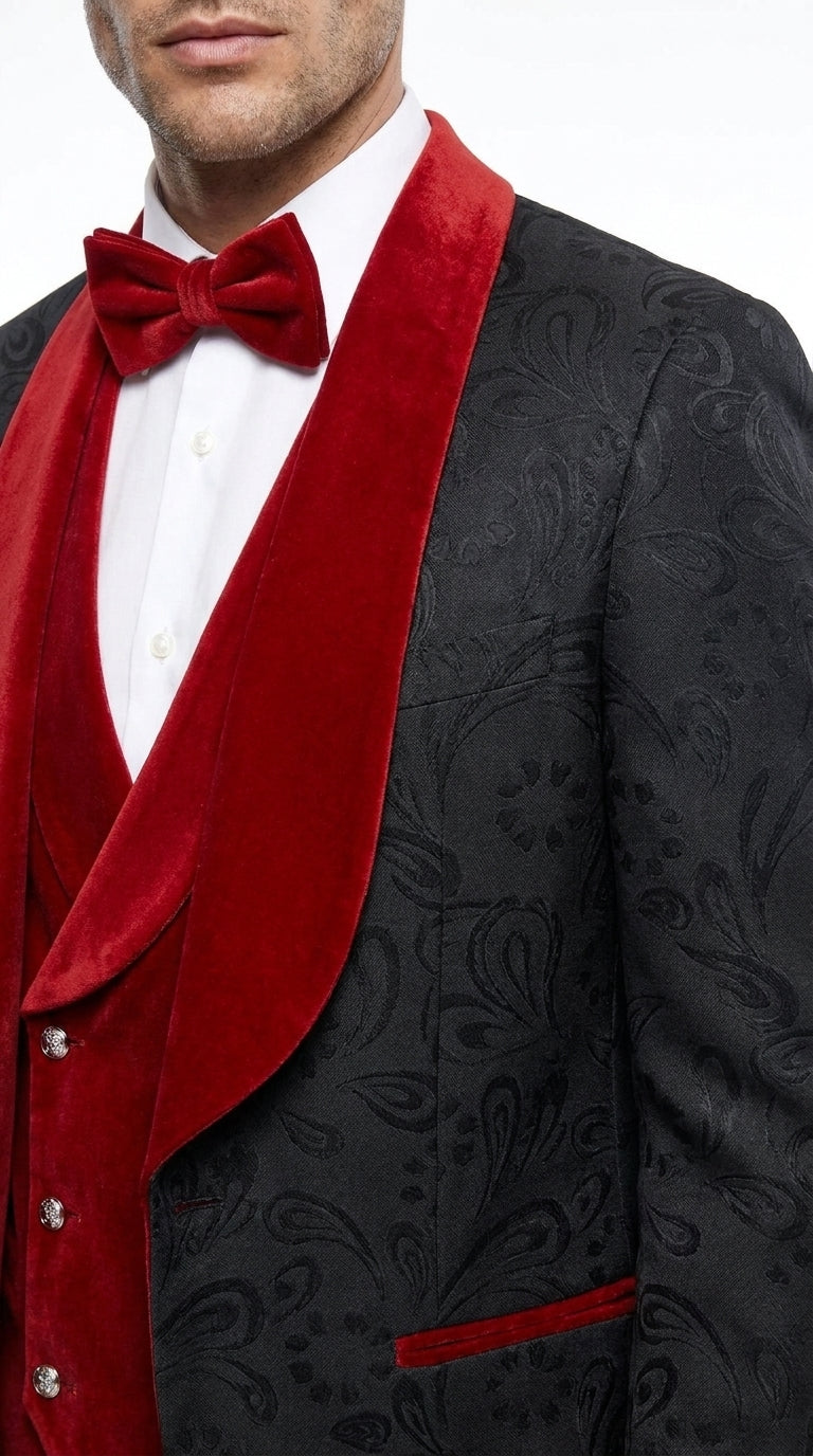 Men’s Black Paisley Tuxedo with Red Velvet Shawl Lapel – 3 Piece Wedding Prom Suit With Matching Bowtie - 34 Short or Extra Small