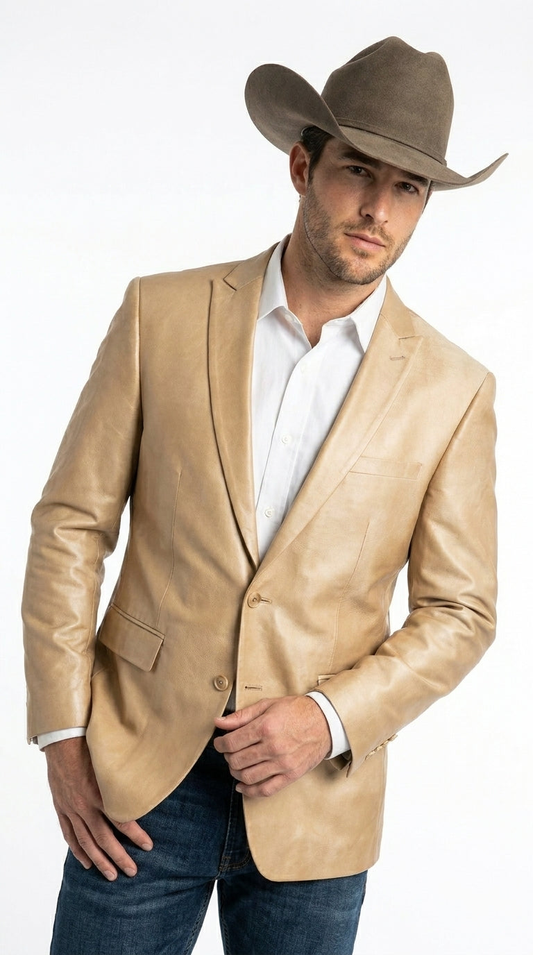 Men’s Champagne Gold Western Blazer, Formal Cowboy Wedding Ranch Sport Coat Jacket tan beige color sheen sharkskin fabric - 36 Short