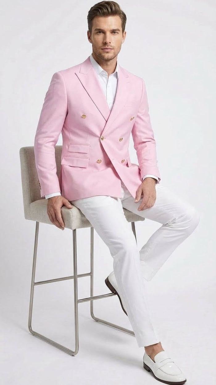 Mens Light Pink Double Breasted Blazer Sport Jacket Coat