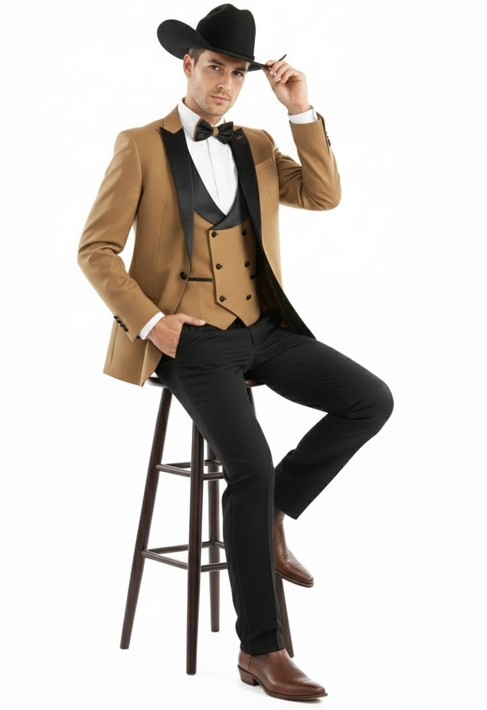 Mens Western Cowboy Tuxedo – Tan and Black 3-Piece Suit with Satin Lapel and Vest in Mocca Coffee Color - 34 Short or Extra Small
