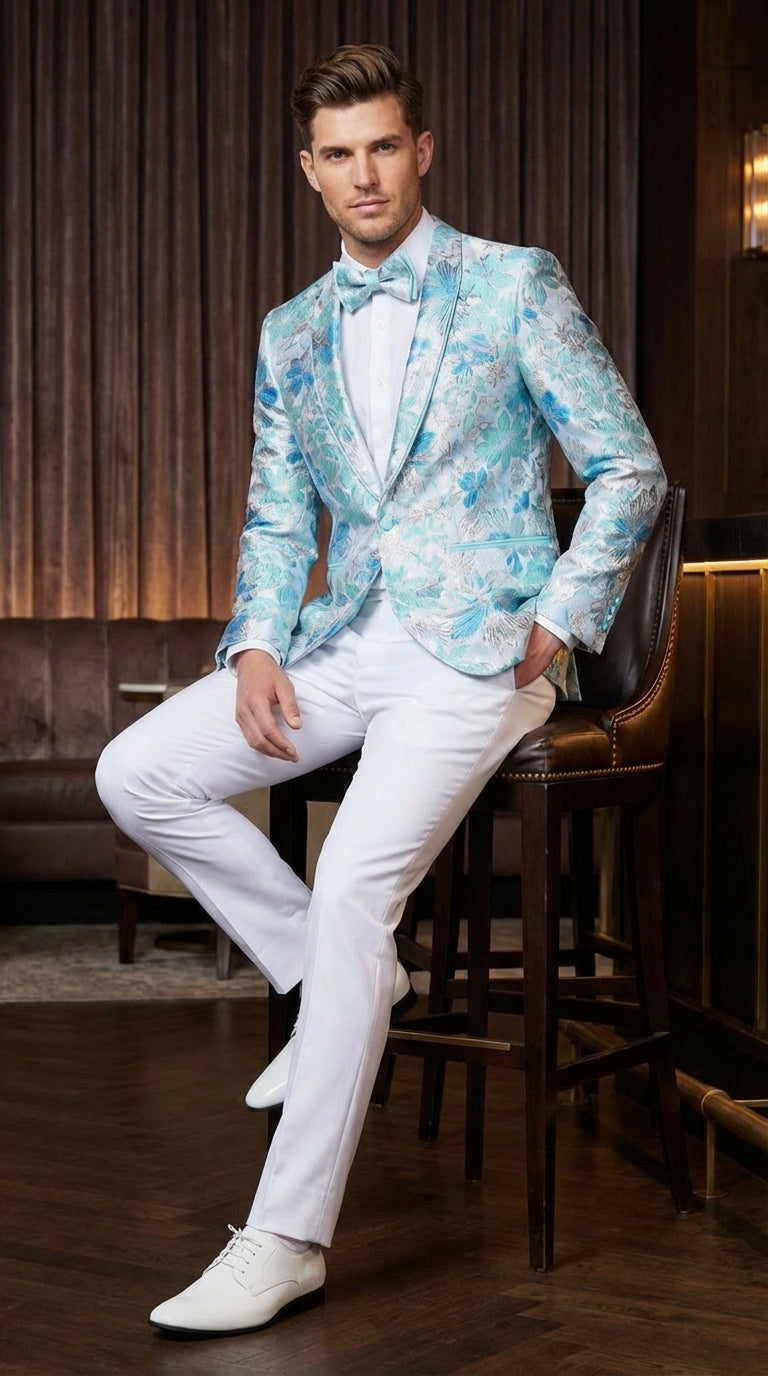 Mens Light Blue Floral Jacquard Tuxedo Jacket with Matching Bow Tie | Formal Prom Wedding Blazer + Bowtie Turqoise Aqua Color