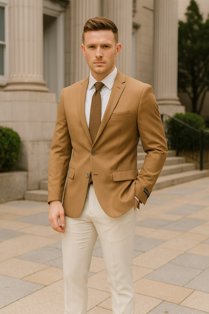 Mens Camel Brown Rustish Two-Button Classic Fit Sport Coat Modern Blazer for Business and Special Occasions