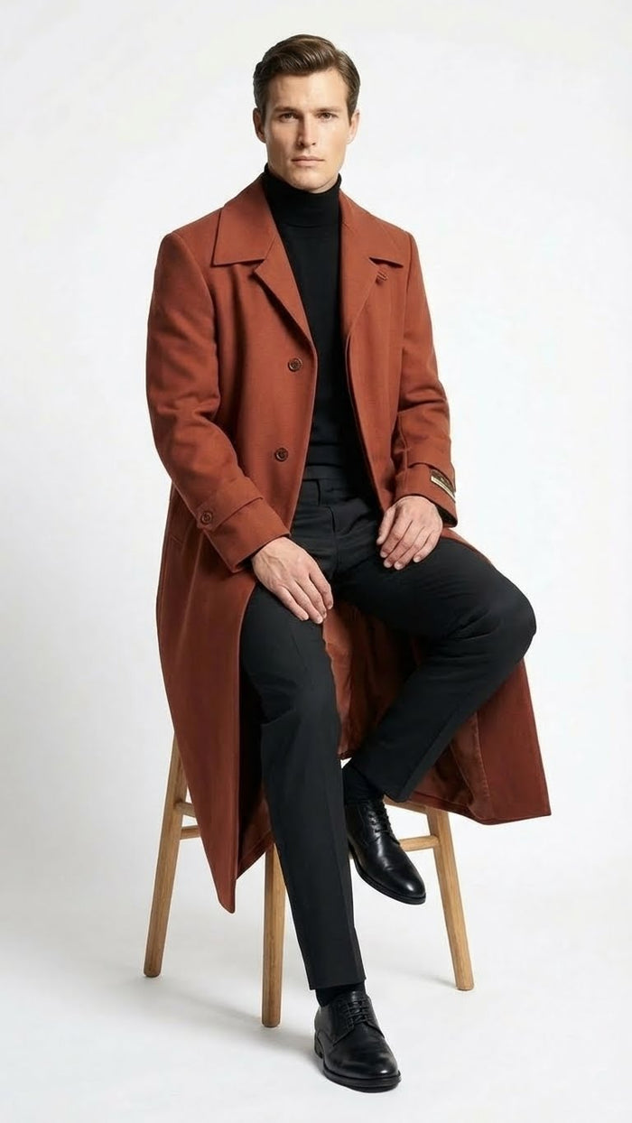 Mens Full-Length Cognac Overcoat Premium Wool-Blend Long Dress Coat for Winter and Formal Wear in Rust Brick Color