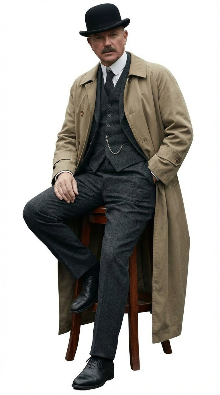 Mens Beige Cotton Trench Coat Suit Package Classic Long Overcoat for Formal + Suit + Hat
