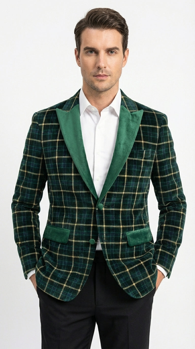 Mens Tartan Green and Gold Check Blazer – Windowpane Plaid Sport Coat Velvet Lapel Plaid Christmas Holiday New Year Jacket - 36 Short