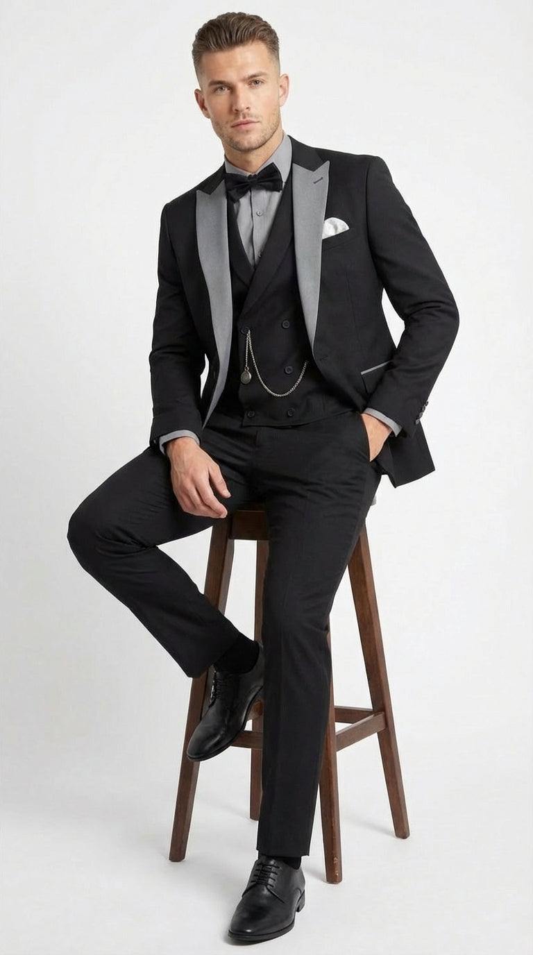 Mens Black And White Lapel 3 Piece Tuxedo Suit with Silver Gray Satin Lapel | Formal Wedding Prom Suit Set - 38 Short Jacket+32 Waist Adjustable 28to34)(Height: 5 4 to5 7 )(Neck  15-16.5)S-M)