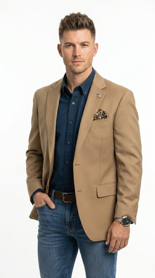 Mens Khaki Camel Bronze Taupe Blazer, Classic Business Casual Wedding Sport Coat Jacket in Tan Color