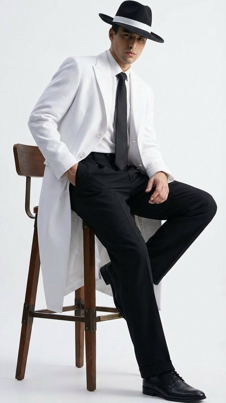 Mens White Long Zoot Style Suit  | Vintage Gangster Mafia Formal Coat with Black Pants