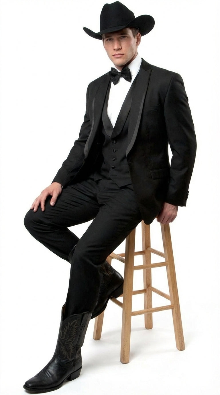 Black Western Tuxedo for Men | Classic Three Piece Formal Wedding Peak Lapel with Trim Collar Cowboy Suit - 34 Short or Extra Small