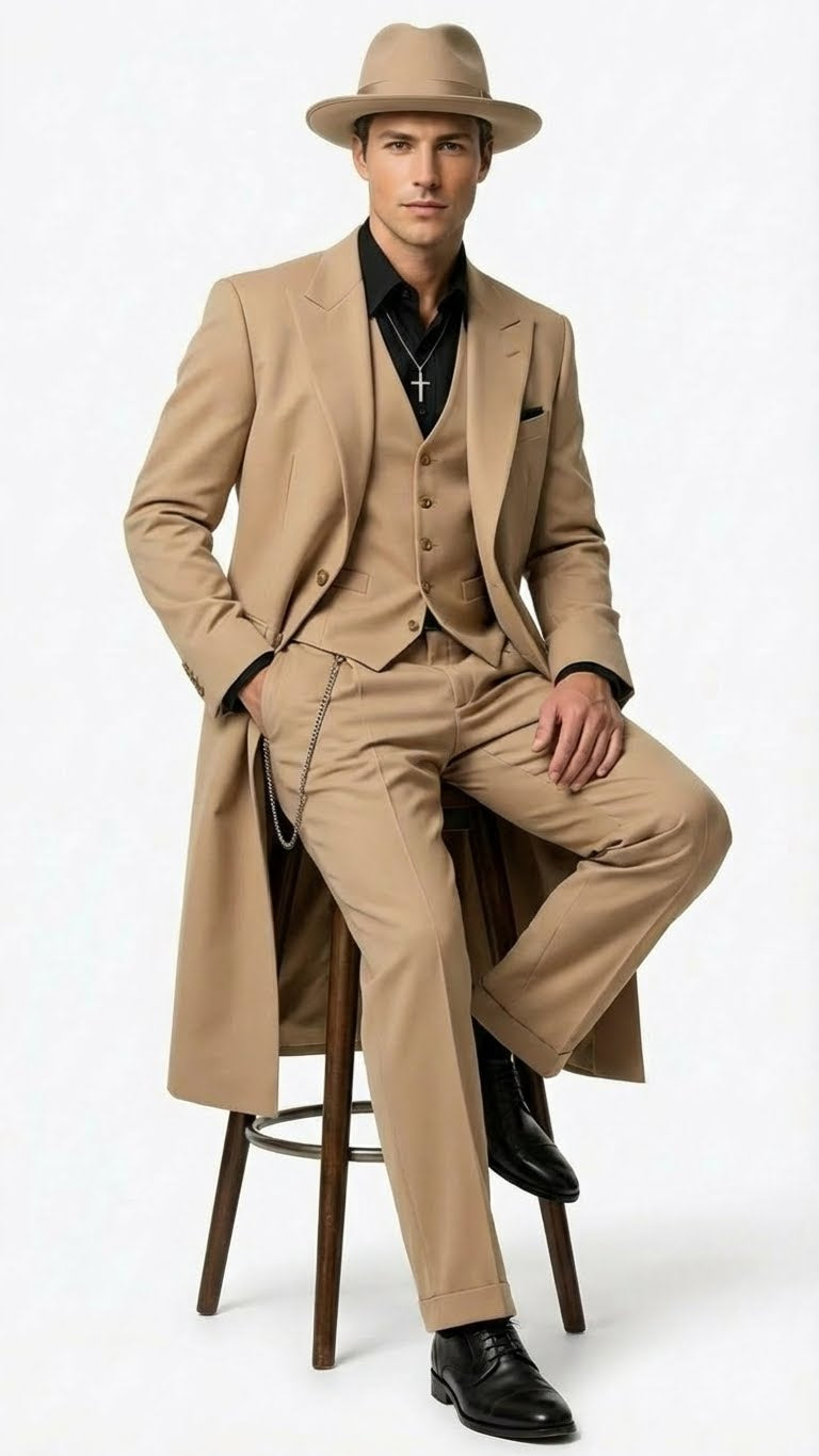 Men’s 1920s Beige Zoot Suit – Long Mafia Gangster Three-Piece Suit in Tan Khaki Color 40 inch Zuit Pachuco Suit - 34 Short or Extra Small