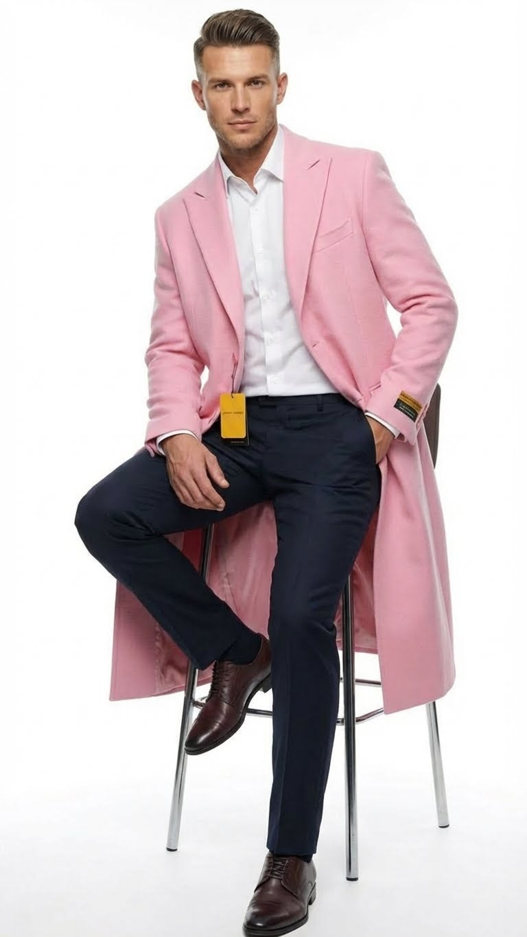 Men’s Pink Wool Blend Long Overcoat – Slim Fit Tailored Winter Coat - Carcoat - Topcoat - Coat Size 38