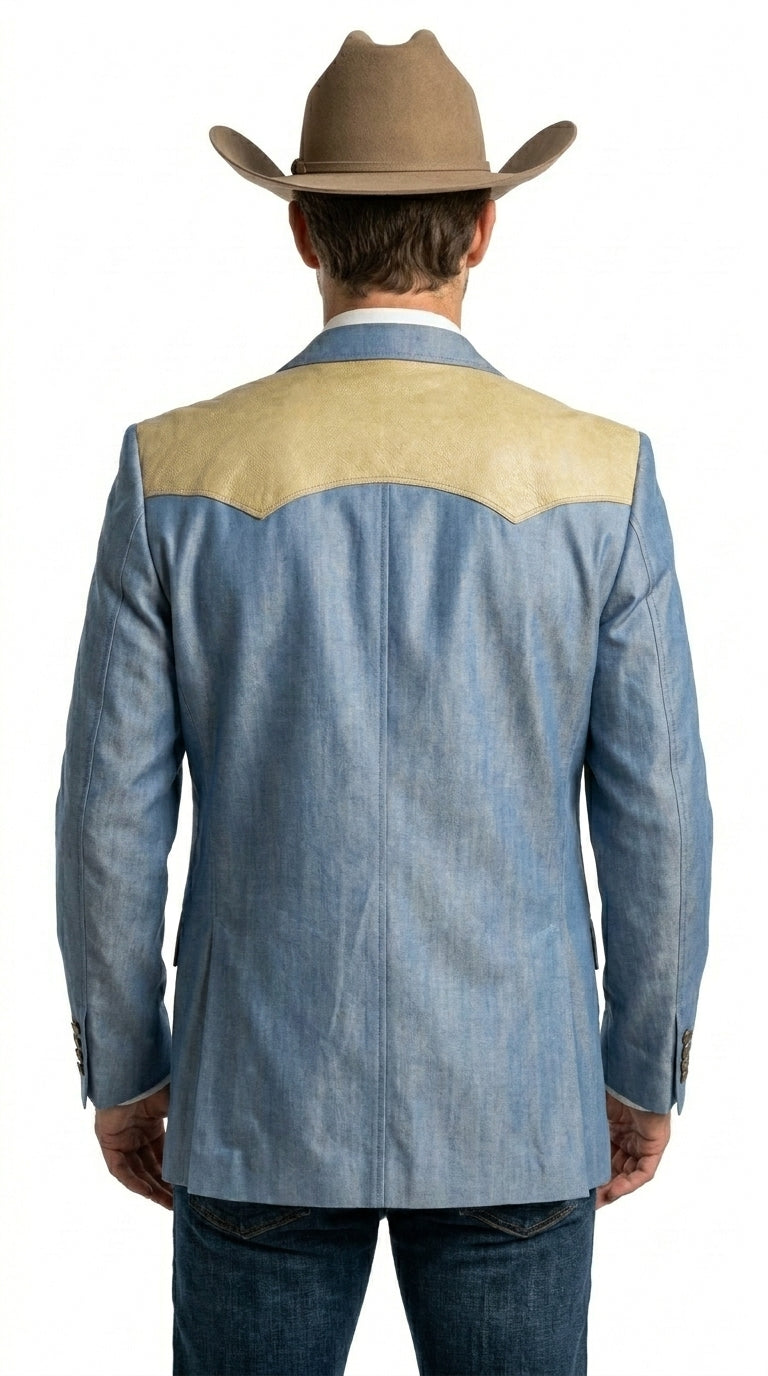 Men’s Steel - Light Blue and Bone Color Western Cowboy Blazer – Shiny Country Style Dress Jacket for Rodeo Saco De Hombre Vaquero - 36 Short