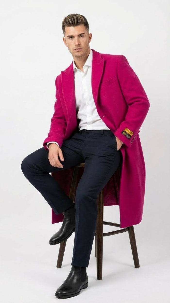 Mens Hot Pink Wool Blend Overcoat Topcoat Carcoat Winter Fabric