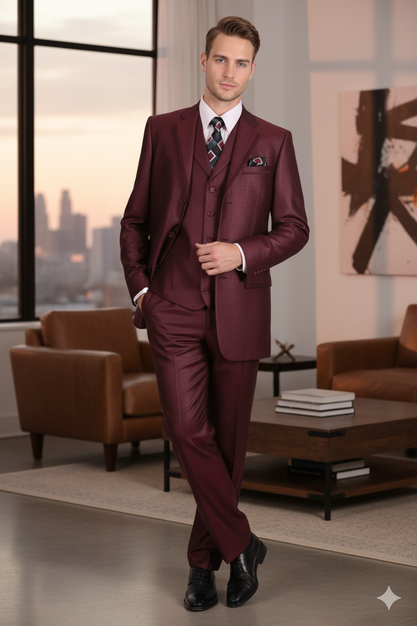 Men’s Burgundy 3-Piece Suit – Burgundy Three Buttons Vested Suit - Pleated Pants Classic Fit Athletic Cut - 38 Regular