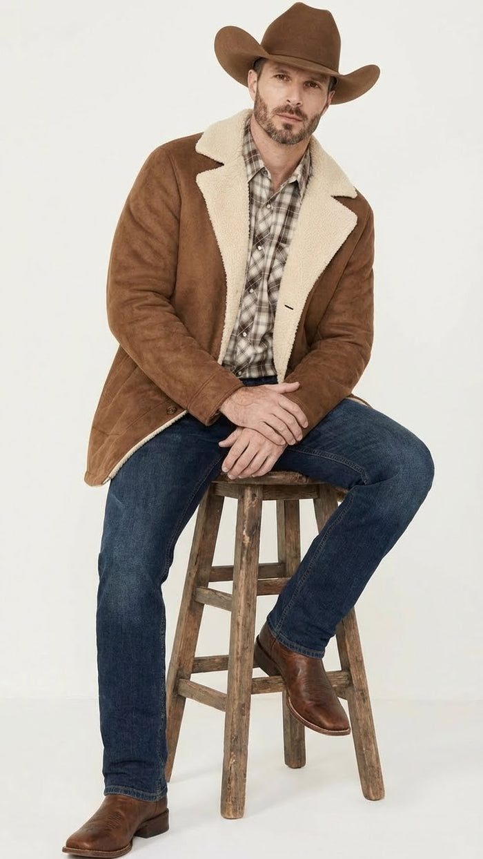 Mens Brown Western Faux Suede Blazer Coat Cowboy Style Long Jacket for Wedding, Party and Special Events
