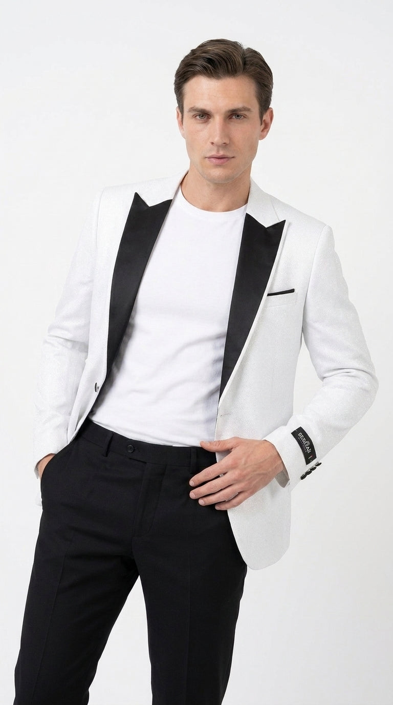 Men's White Sparkle Dinner Jacket – Black Satin Shawl Lapel Tuxedo Blazer   Slim Fit Sequin Shiny Prom Jacket - 34 Short or Extra Small