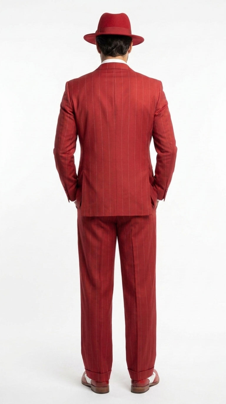 Men’s Red & White Pinstripe 3-Piece Suit by Mazari – Peak Lapel Classic Fit Gangster Suit with Pleated Pants - 34 Short or Extra Small