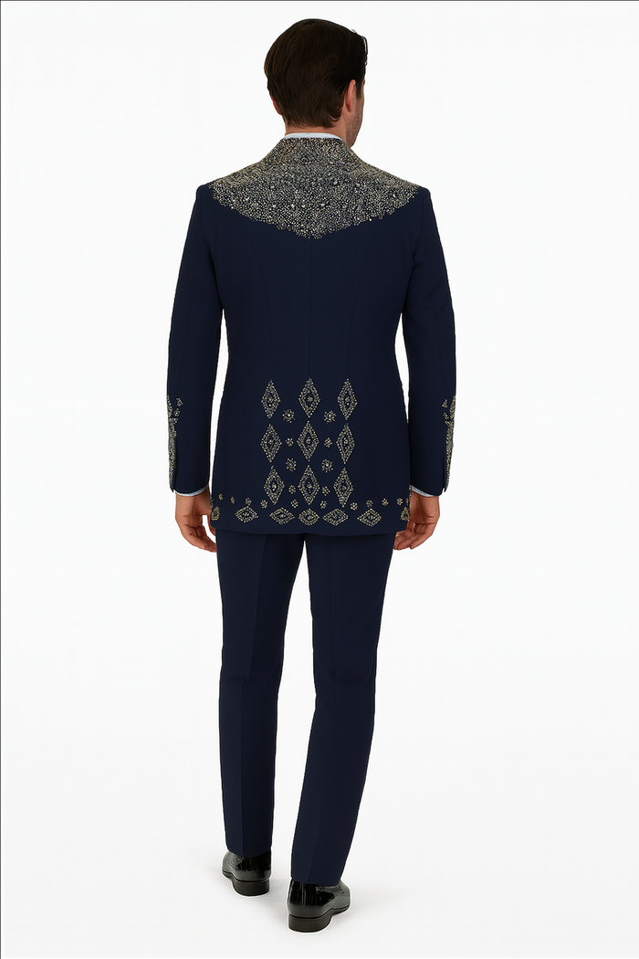 Mens Navy Tuxedo with Gold Embroidery Slim Fit Formal Dinner Jacket with Shawl Lapel