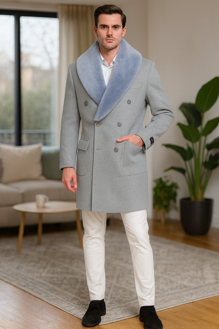 Mens Light Grey Double Breasted Overcoat with Faux Fur Shawl Collar â€“ Winter Luxury Coat Wool Fabric
