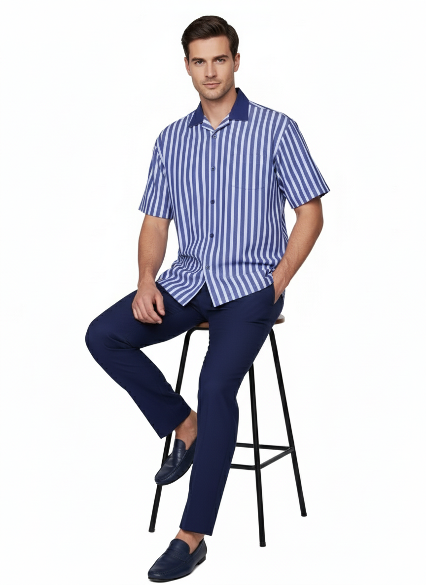 Men’s Blue and White Vertical Stripe Short Sleeve Shirt Set – Casual Summer Two-Piece Outfit - S