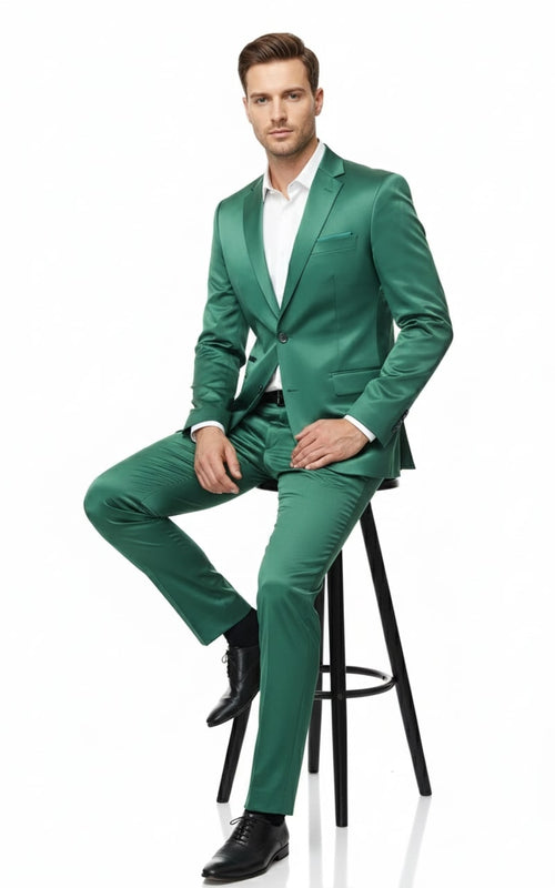 Mens Shiny emerald Green Sateen 2-Piece Slim Fit Suit Formal Blazer and Pants Set Prom Wedding