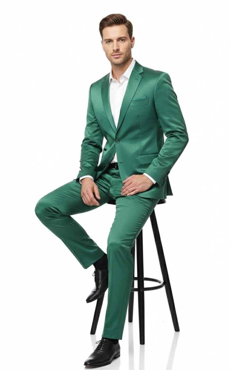 Mens Shiny emerald Green Sateen 2-Piece Slim Fit Suit Formal Blazer and Pants Set Prom Wedding - 34 Short or Extra Small