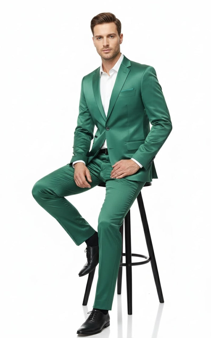 Mens Shiny emerald Green Sateen 2-Piece Slim Fit Suit Formal Blazer and Pants Set Prom Wedding