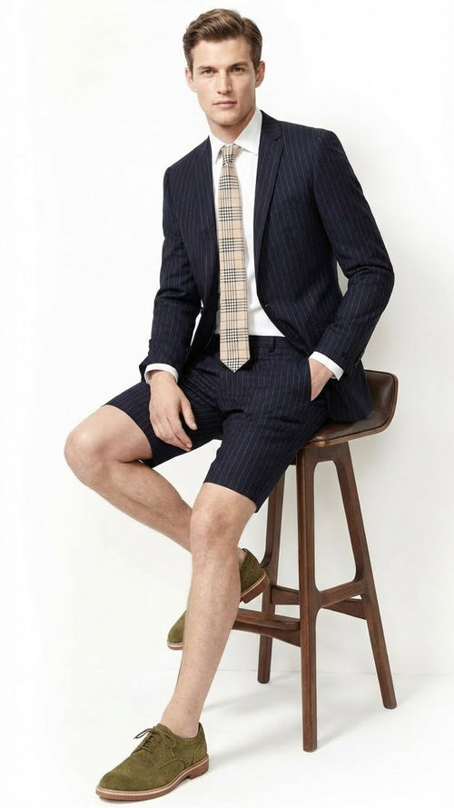 Mens Dark Navy Blue Pinstripe or Black Pinstripe  Summer Business Suit with Shorts Pants Set Sport Coat Style Formal and Casual Outfit