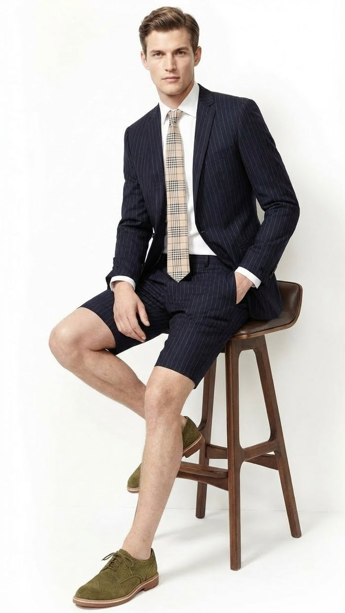 Mens Dark Navy Blue Pinstripe or Black Pinstripe  Summer Business Suit with Shorts Pants Set Sport Coat Style Formal and Casual Outfit