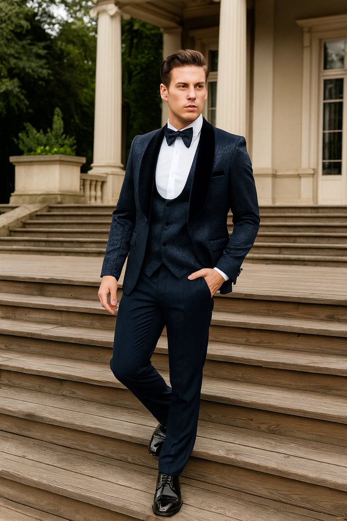 Mens Navy Blue Jacquard Tuxedo with Black Velvet Shawl Lapel, 3 Piece Formal Suit with Bow Tie